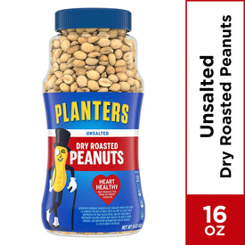 Planters Peanuts, Dry Roasted & Unsalted, 16 Ounce Jar (Pack of 4)