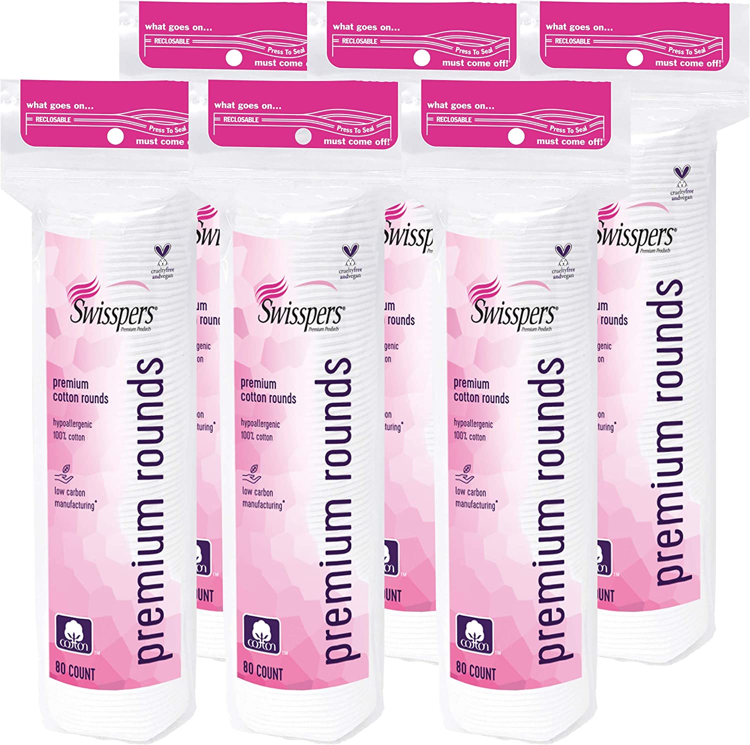 Swisspers Premium 100% Natural Cotton Rounds, Hypoallergenic, Reclosable Bags