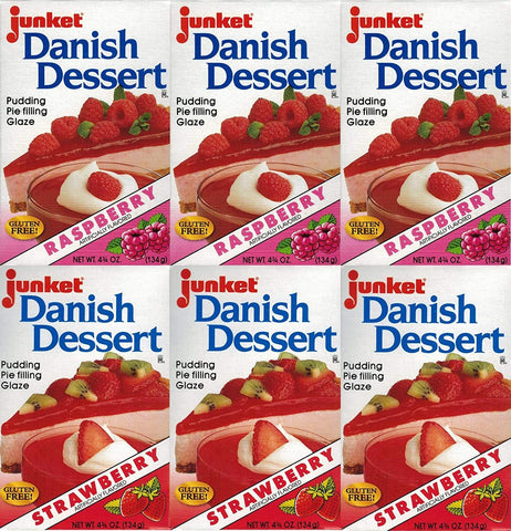 Image of Junket Danish Dessert Mix Bundle of 6 (3 Raspberry and 3 Strawberry) with Recipe Sheets