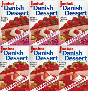 Junket Danish Dessert Mix Bundle of 6 (3 Raspberry and 3 Strawberry) with Recipe Sheets