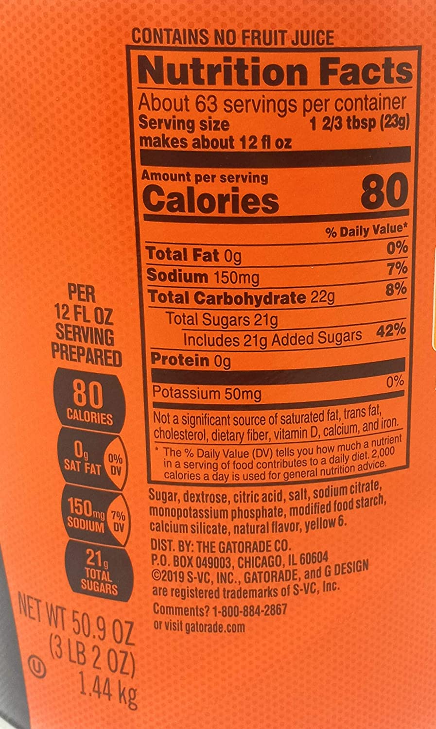 Gatorade Orange Instant 50.9 oz - 6 Gallon Mix