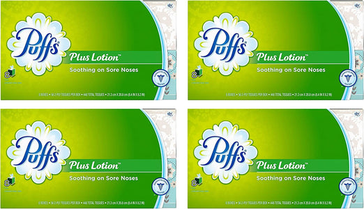 Puffs Plus Lotion Facial Tissues, 4 Family Boxes, 124 Tissuesper Box
