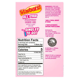 Starburst Singles To Go Zero Sugar Drink Mix, Strawberry, 6 CT Per Box (Pack of 1)