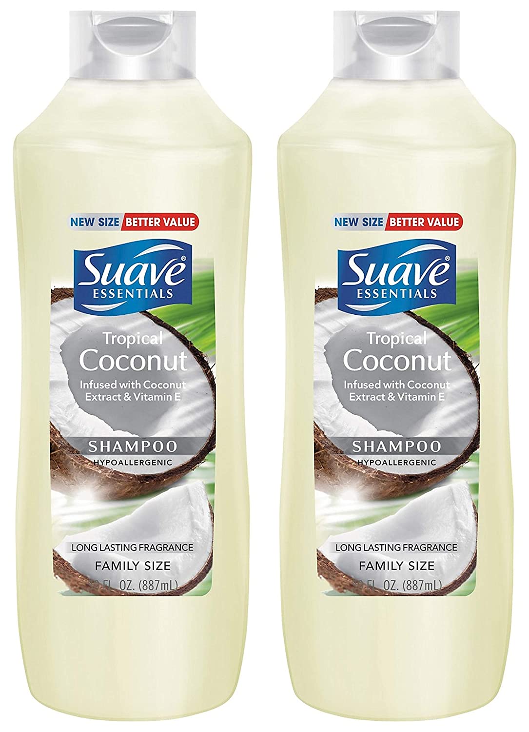 Suave Essentials Shampoo - Tropical Coconut - Family Size - Net Wt. 30 FL OZ (887 mL) Per Bottle - Pack of 2 Bottles