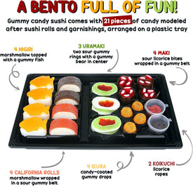 Raindrops Gummy Candy Sushi Bento Box with 6 Kinds of Sushi Rolls and Garnishes - 1 Tray with 21 Sushi Bites of Marshmallows, Licorice, Sour Strips, Gummi Bears and Fish - Fun and Unique Candy Gifts