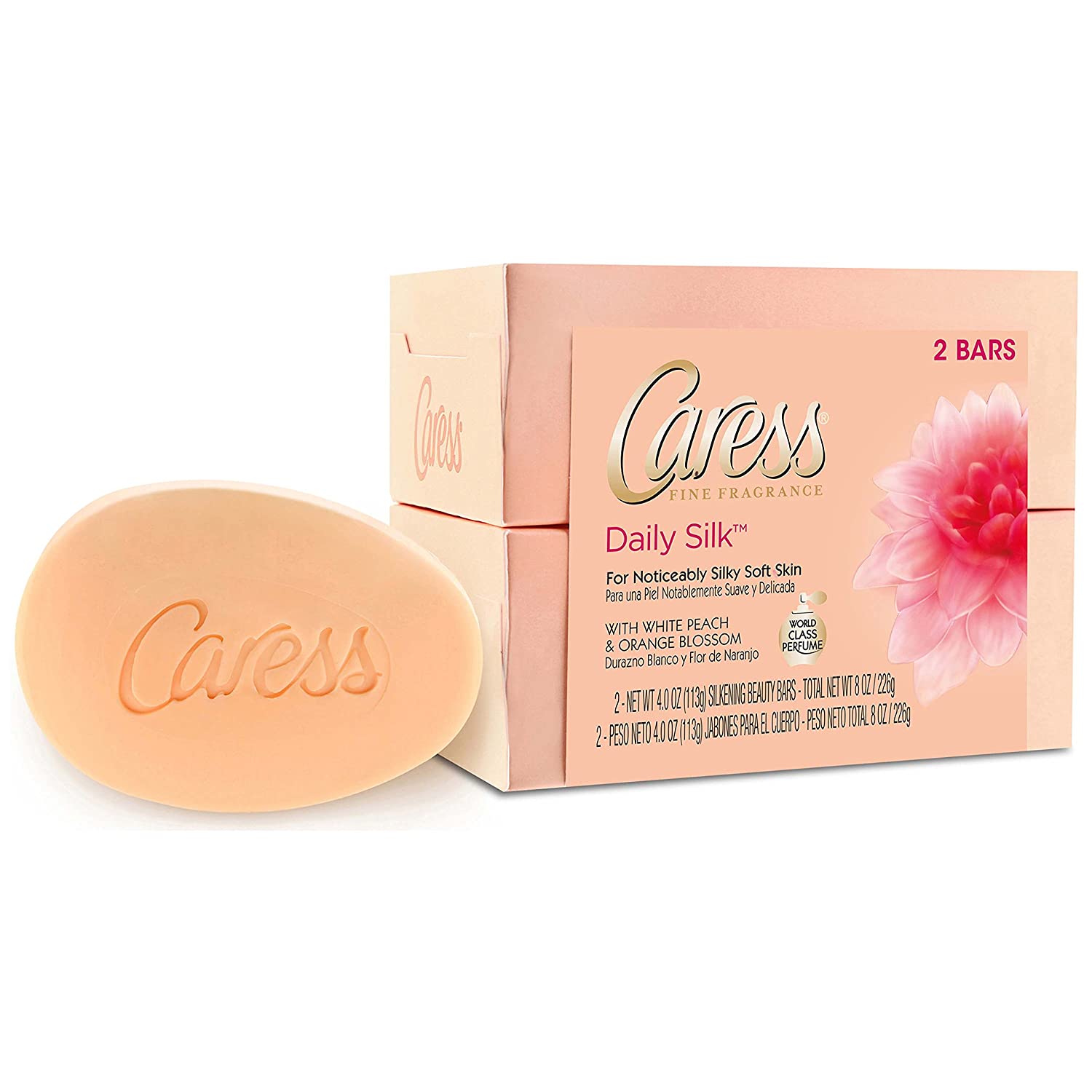 Caress Beauty Bar Soap For Silky, Soft Skin Daily Silk With Silk Extract and Floral Oil Essence 3.75 oz 2 Bars