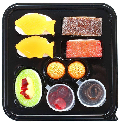 Image of Raindrops Gummy Candy Sushi Mini Bento Box of Sushi Rolls and Garnishes - Made from Marshmallows, Licorice, Sour Strips, Gummi Bears and Fish - Fun and Unique Candy Gifts
