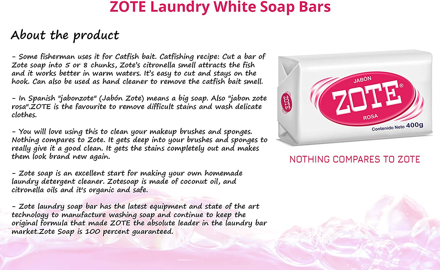 Zote Laundry Soap Bar, Stain Remover Laundry Detergent for Clothes, Catfish Bait, Super Washing Travel Jabon Para Lavar Ropa, Pink Underwear Clothes Washing Soap (400 grams), Pack of 2