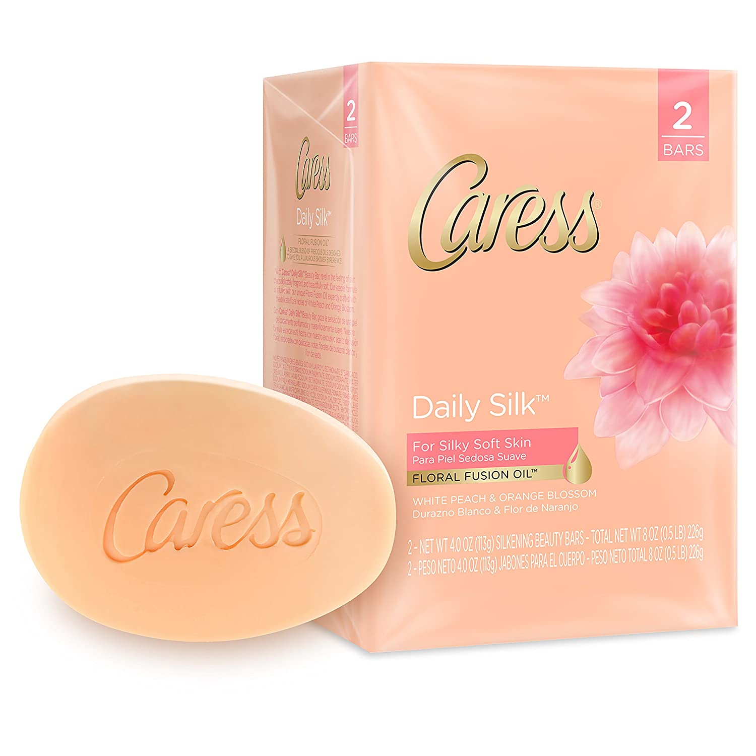 Caress Beauty Bar Soap For Silky, Soft Skin Daily Silk With Silk Extract and Floral Oil Essence 3.75 oz 2 Bars