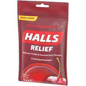 HALLS Relief Cherry Flavor Cough Drops, 1 Bag (30 Total Drops)