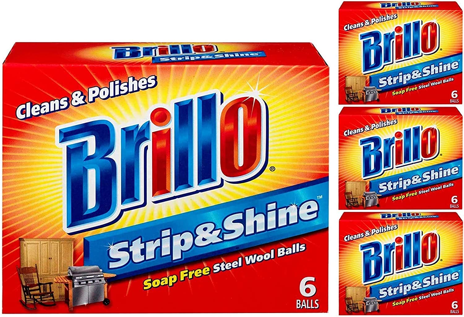 Brillo | Strip & Shine Steel Wool Balls | Cleans & Shines | 4 Pack (6ct)