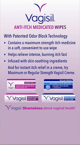 Image of Vagisil Anti-Itch Medicated Wipes, Maximum Strength 12 ea (Pack of 3)