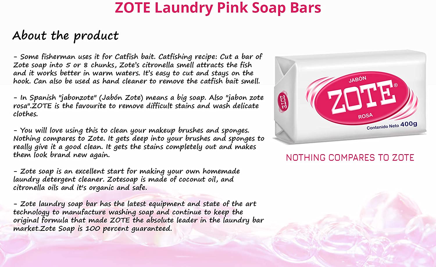 Zote Laundry Soap Bar, Stain Remover Laundry Detergent for Clothes, Catfish Bait, Super Washing Travel Jabon Para Lavar Ropa, Pink Underwear Clothes Washing Soap (400 grams), Pack of 2