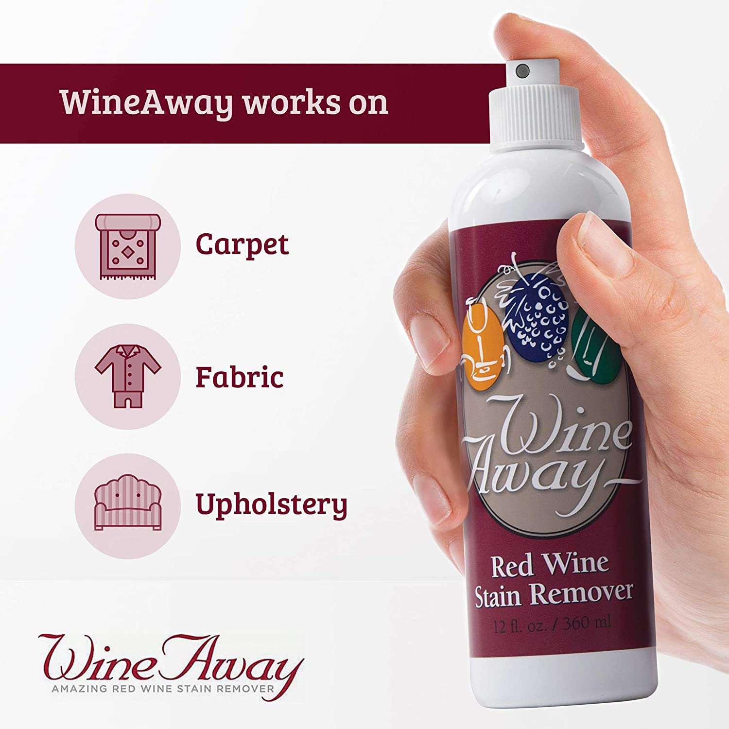 Wine Away Red Wine Stain Remover Spray - Natural Carpet and Upholstery Spot Cleaner - Effectively Removes Blood, Clothes, Coffee, & Pet Stains - Best on Both Fresh & Dried Stains - 12 Oz - Pack of 3