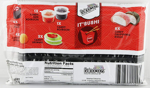 Raindrops Gummy Candy Sushi Bento Box with 5 Kinds of Sushi Rolls and Garnishes - 1 Tray with 21 Sushi Bites of Marshmallows, Licorice, Sour Strips, Gummi Bears and Fish - Fun and Unique Candy Gifts