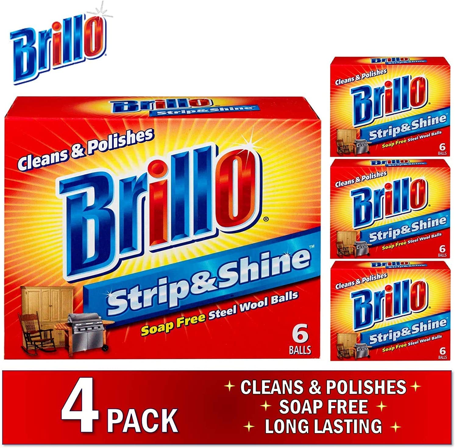 Brillo | Strip & Shine Steel Wool Balls | Cleans & Shines | 4 Pack (6ct)