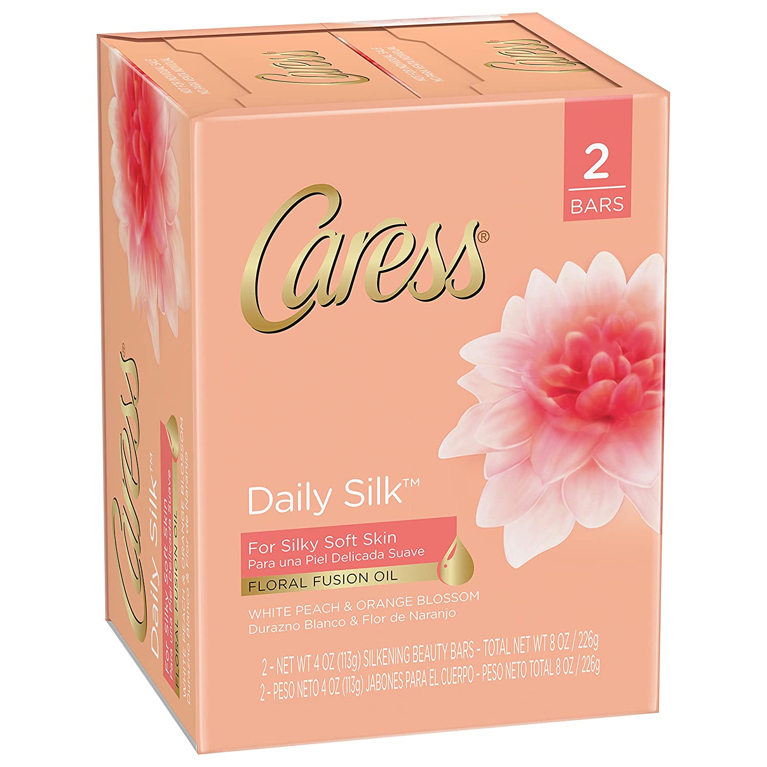 Caress Beauty Bar Soap For Silky, Soft Skin Daily Silk With Silk Extract and Floral Oil Essence 3.75 oz 2 Bars