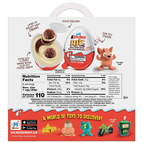 Image of Kinder JOY Eggs, 6 Pack Individually Wrapped Chocolate Candy Eggs With Toys Inside, Perfect Surprise Halloween Treats for Kids, 4.2 oz