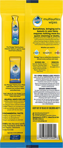 Image of Pledge Multisurface Wipes, Fresh Citrus, 25 Wipes Per Pack (3 Packs)